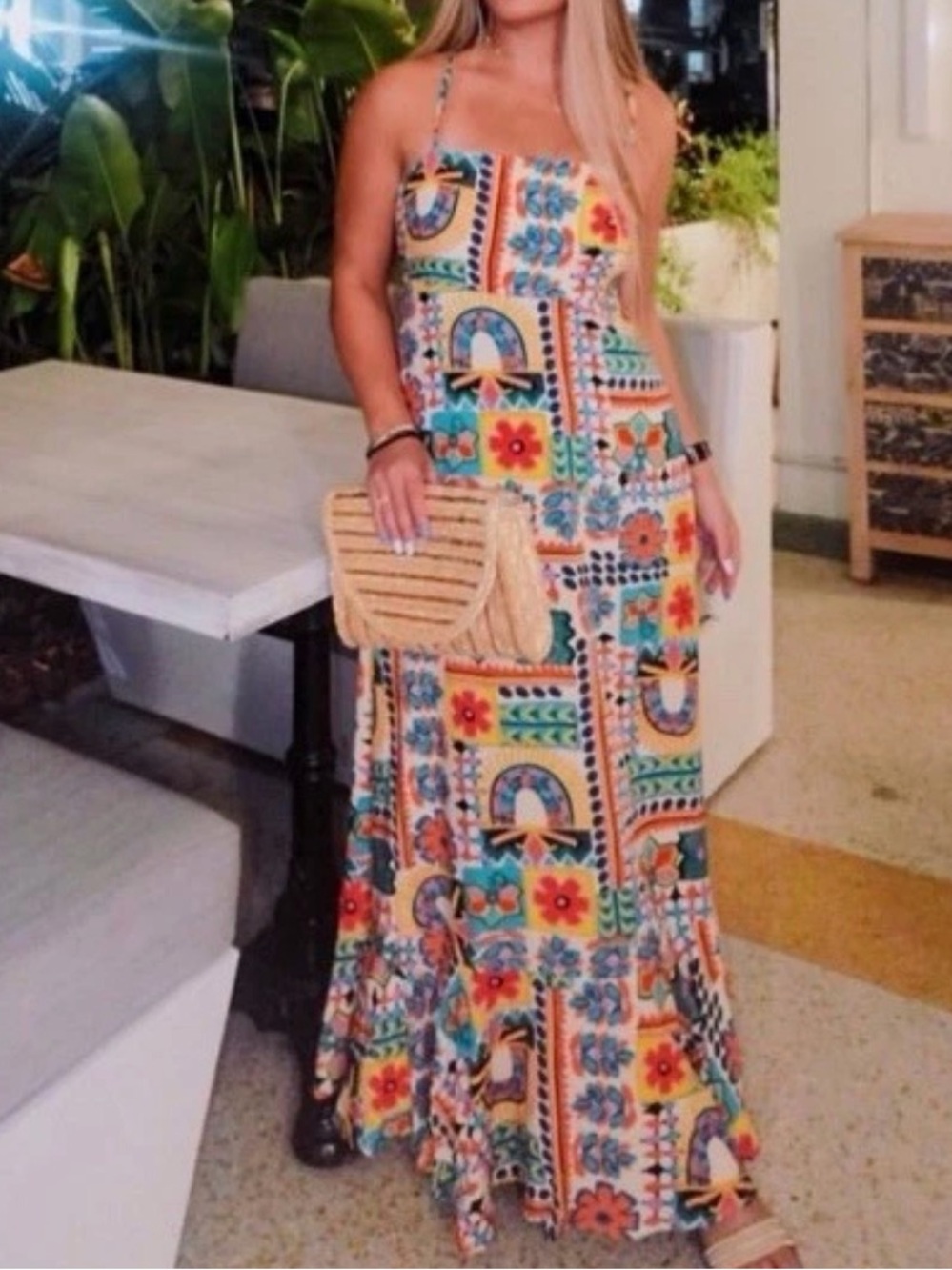 Paper Heart Aztec Geometric Mermaid Tie Back Maxi Dress Sz S NWT/0378